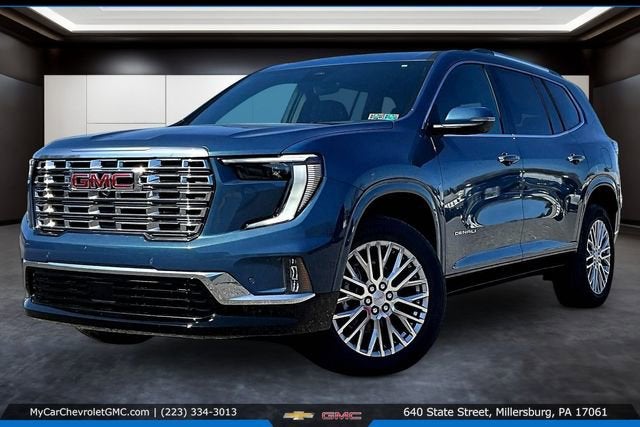 2026 GMC Acadia Denali in Downpour Metallic — front three-quarter view